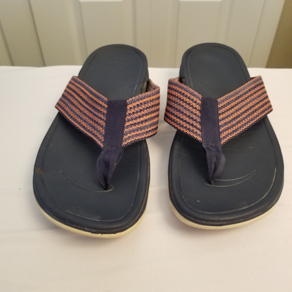 FitFlop Surfa Navy Orange Striped Webbing Thong Sandals Flip Flops Womens 10 - Picture 1 of 8